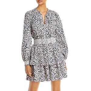 AQUA Smocked Tiered Mini Dress Navy Blue Ditsy Floral Print – Size XS